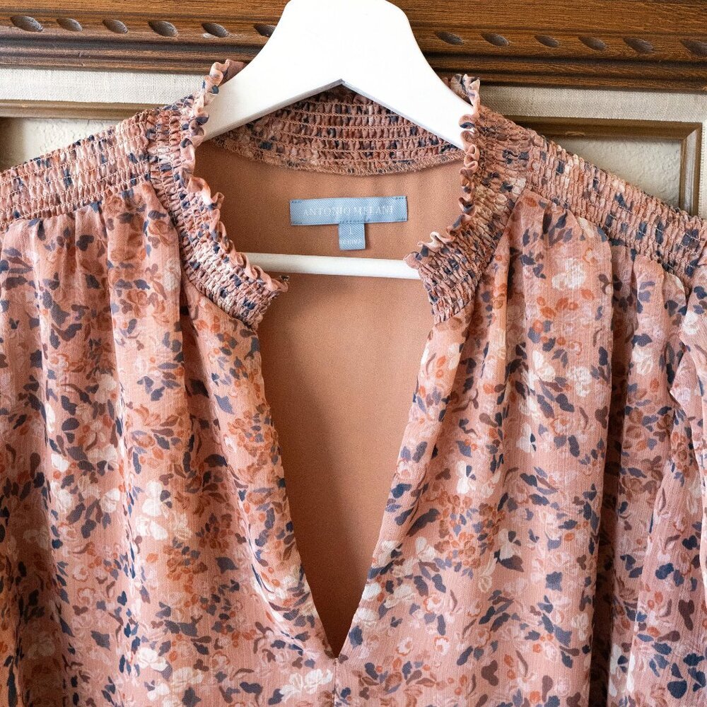 Antonio Melani Womens Blouse Size Large Brown Floral Long Sleeve Smocked Ruffles - Picture 4 of 8